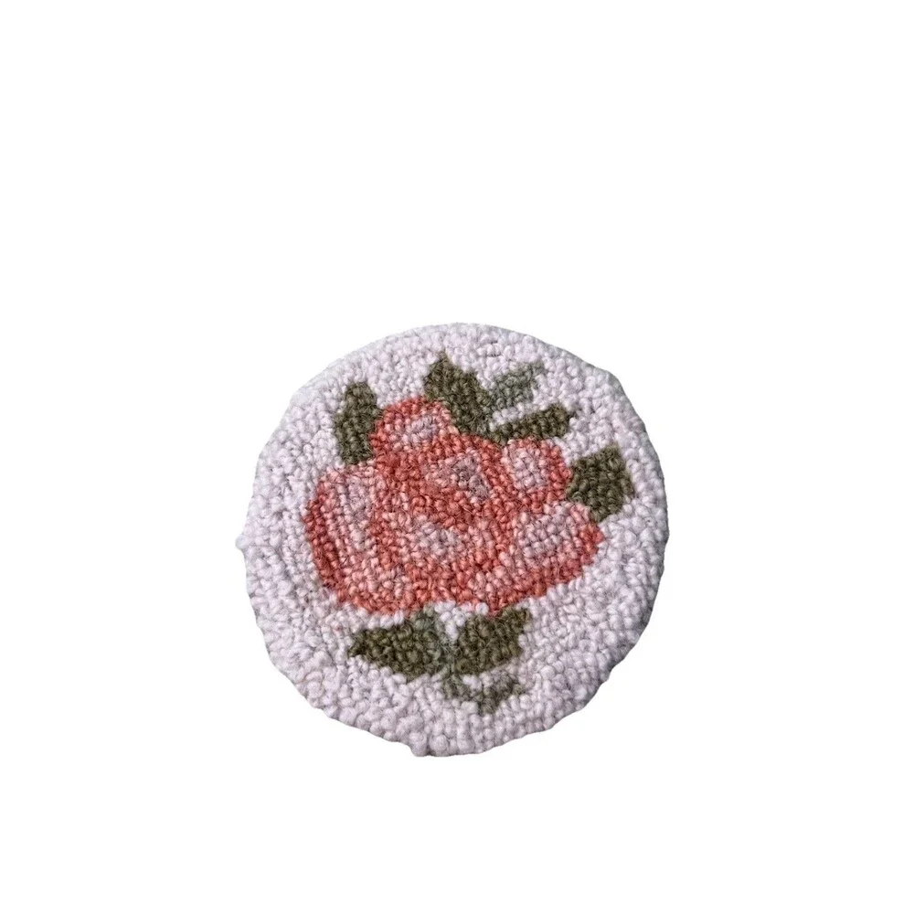 Handmade Punch Needle Coaster Floral Rose Cottage Cabin Rustic 3.25